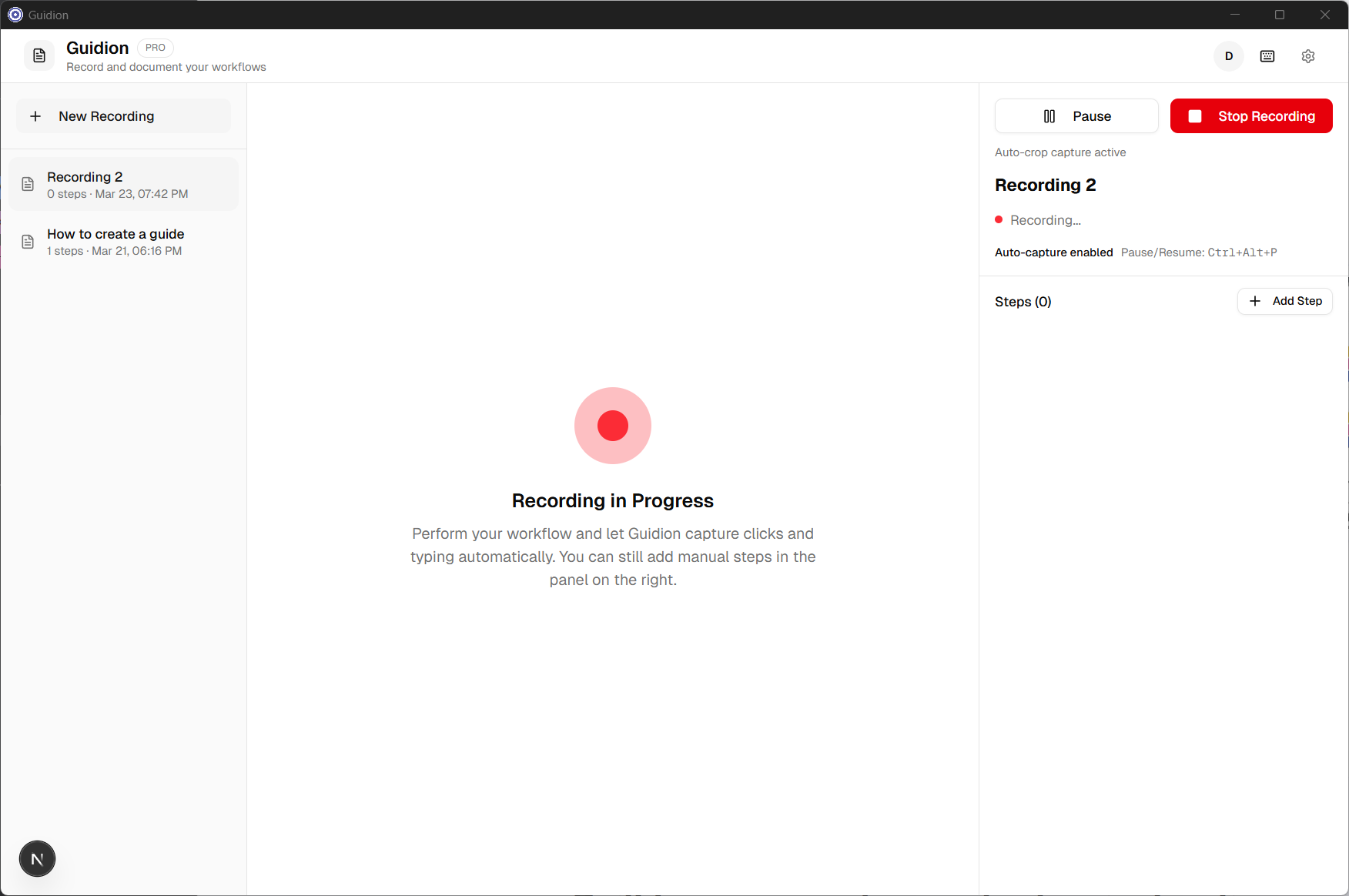 Screen Recording — starting a screen recording